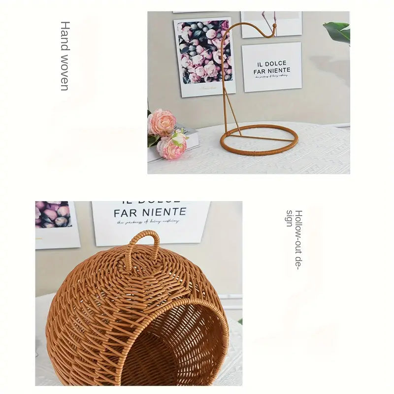 Imitation Rattan Cat Cage - Hanging Cat Nest with Semi-Enclosed Design-4